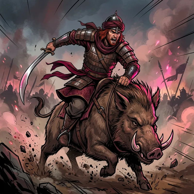 Intense Red-Haired Warrior on Charging Boar in Dynamic Comic Style