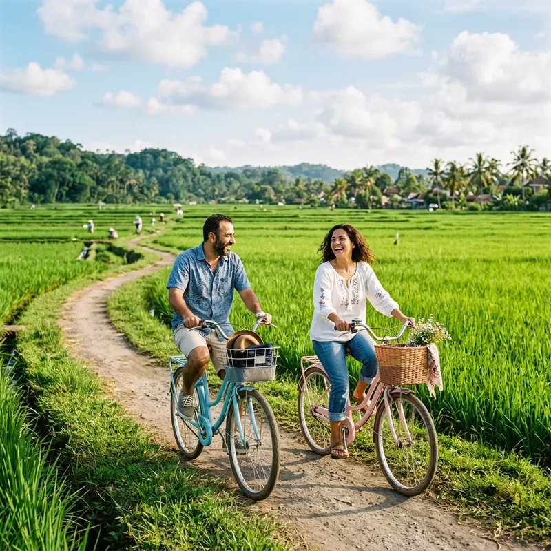 Husband and Wife Enjoy Leisurely Bike Ride in Lush Paddy Field