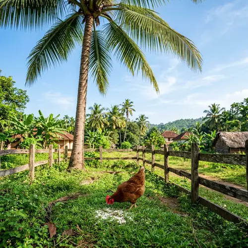 Chicken Eating Rice Under Coconut Tree - Tranquil Countryside Scene