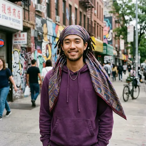 Stylish Asian Guy with Mini Dreadlocks in Purple Hoodie