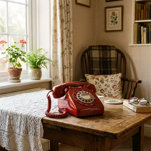 Vintage Red Telephone on Wooden Table | Nostalgic Domestic Setting