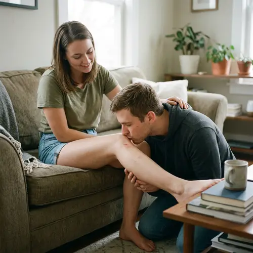 Caring Boyfriend Kisses Girlfriend's Leg Scratch