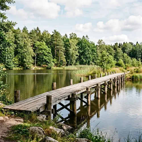 Scenic Wooden Footbridge Over Tranquil Water