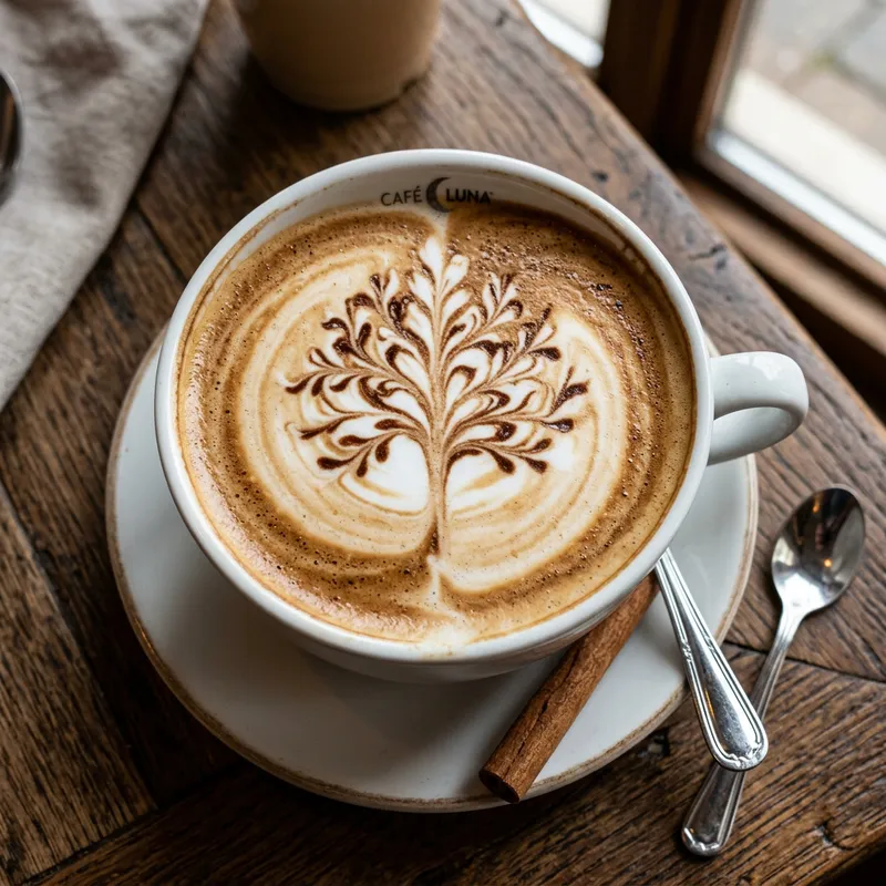 Artisan Cappuccino with Tree Design in a Cozy Café Artisan Cappuccino with Tree Design in a Cozy Café