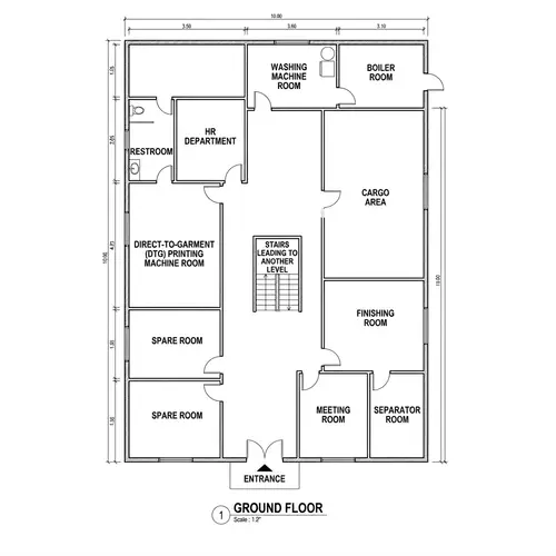 Factory Ground Floor Layout: DTG Printing, HR Department, Meeting Room