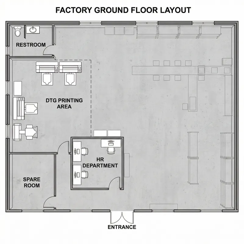 Factory Layout: Rectangle Shape Ground Floor Setup with DTG Printing Area