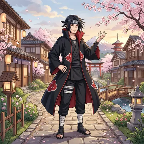 Itachi Uchiha Ninja Mascot Pose | Japanese Village Illustration