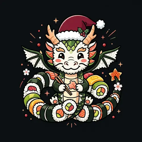 Charming Sushi Dragon Illustration with Santa Hat for Holidays