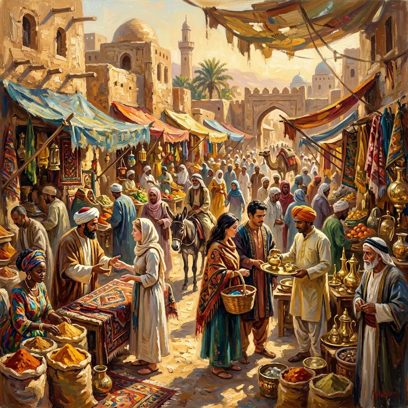 Impressionistic Desert Market with Glistening Treasures and Rich Textures