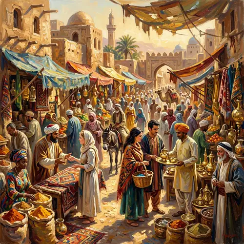 Vibrant Desert Market Scene with Diverse Merchants and Customers