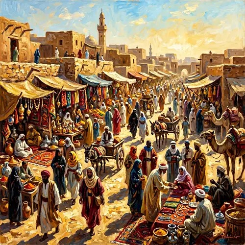 Lively Desert Market Scene Oil Painting | Diverse Individuals Buying & Selling Goods