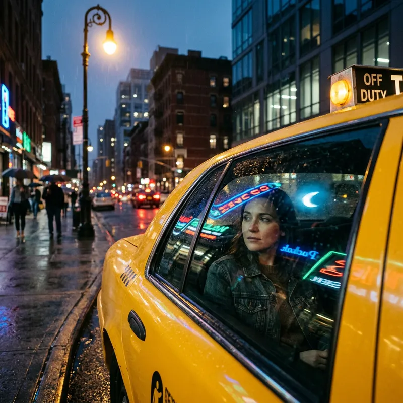Mysterious Night Taxi Scene with Enigmatic Silhouette
