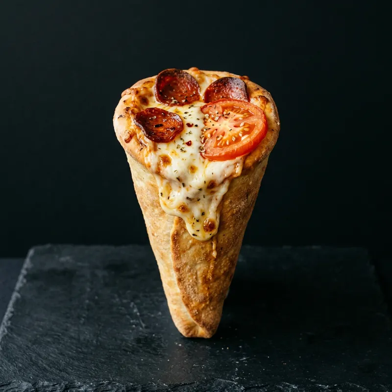 Delicious Cone-Shaped Pizza with Cheese and Pepperoni