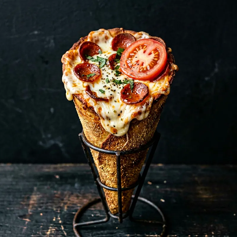 Cheesy Cone-Shaped Pizza with Pepperoni and Tomato Slice