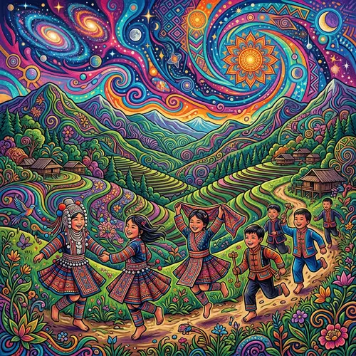 Peter Max Inspired Chiang Mai Hill Tribe Kids Art