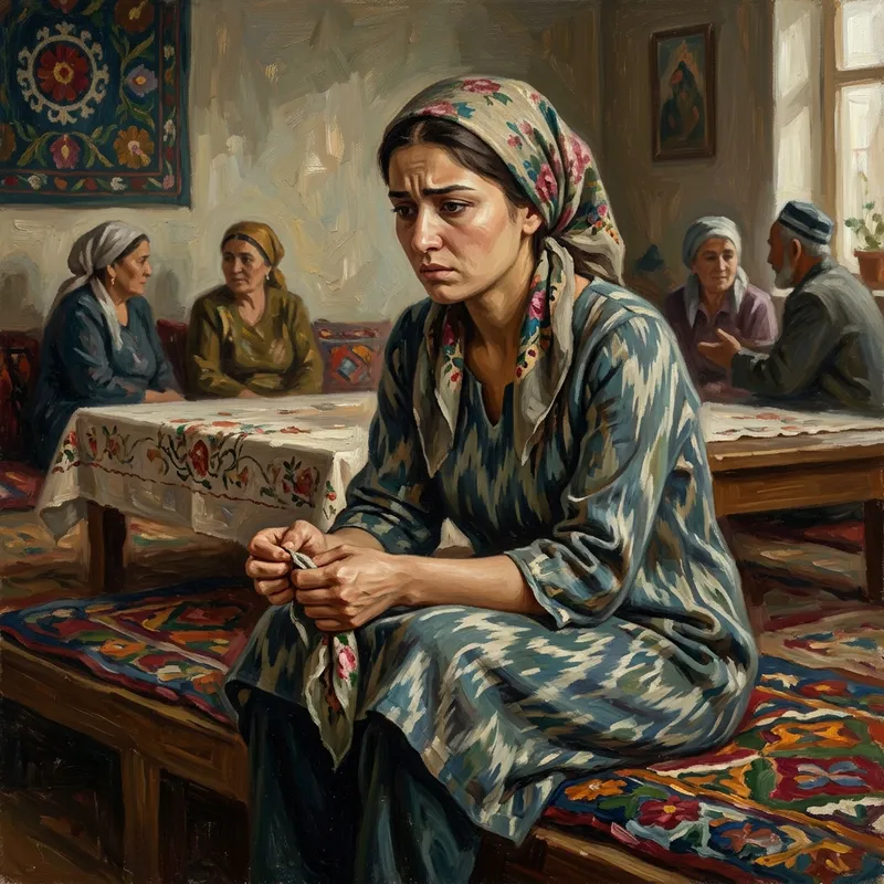 Tajik Bride's Struggle: Oil Painting Illustrating an Emotional Fight