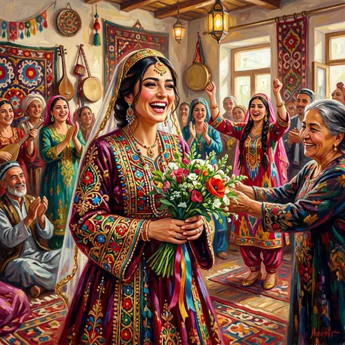 Jubilant Tajik Bride Oil Painting - Traditional Wedding Art