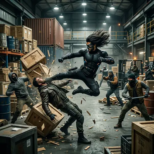 Action-Packed Middle-Eastern Male Superhero Battles Villains in Chaotic Warehouse