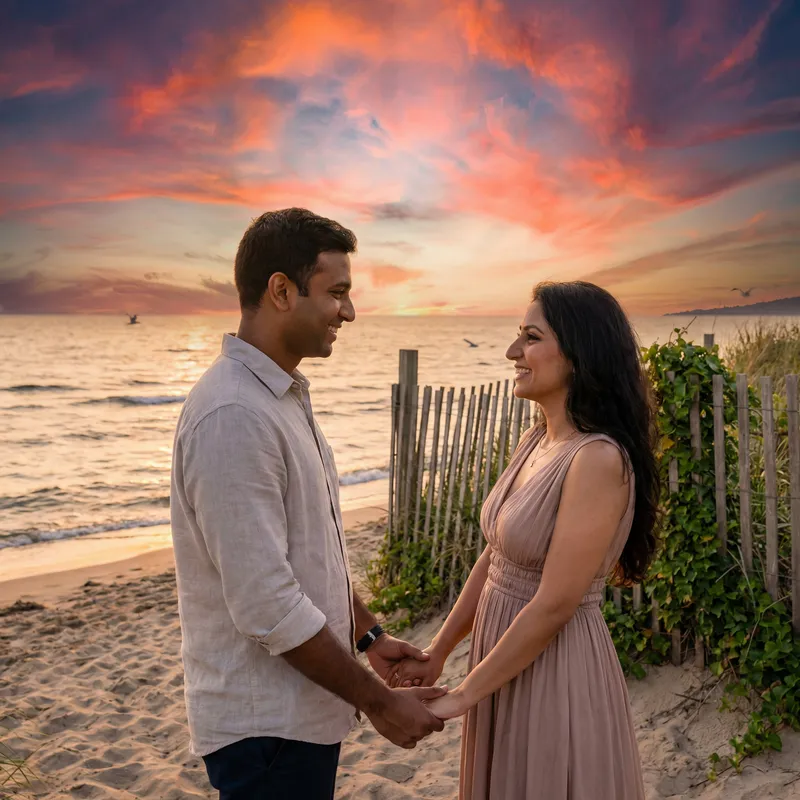 Diverse Couple Embracing on Sunset Beach