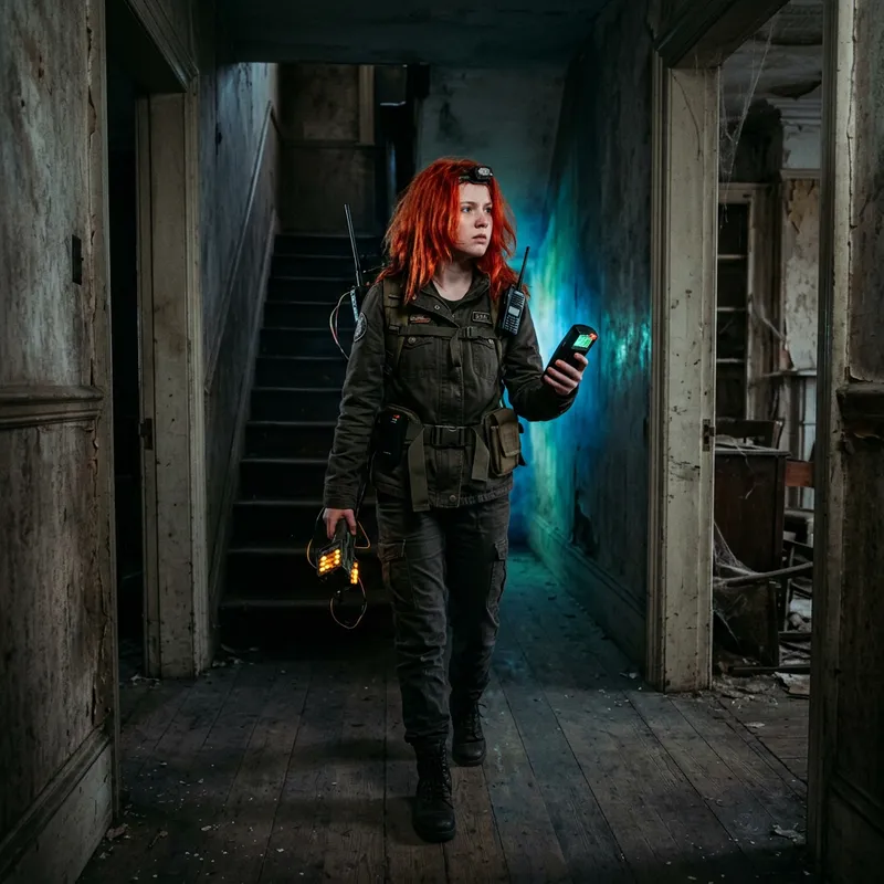 Red-Haired Ghost Hunter Girl in Abandoned Dwelling