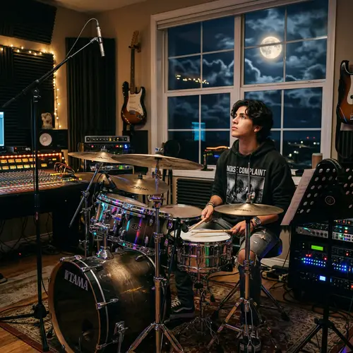 Hispanic Teenage Boy in Music Studio Gazing at Moon | Youthful Creativity