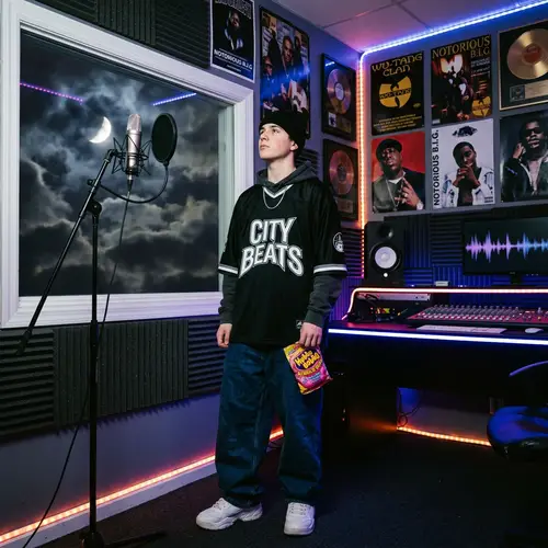 Caucasian Teenager in Rap Music Studio Gazing at Moon