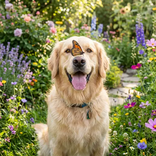 Happy Dog with Butterfly: Joyful Moment in Garden