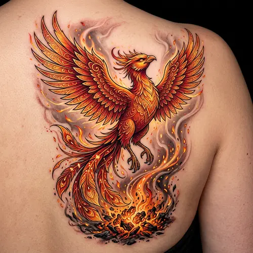 Feminine Phoenix Rising Tattoo Design - Symbol of Resilience & Rebirth