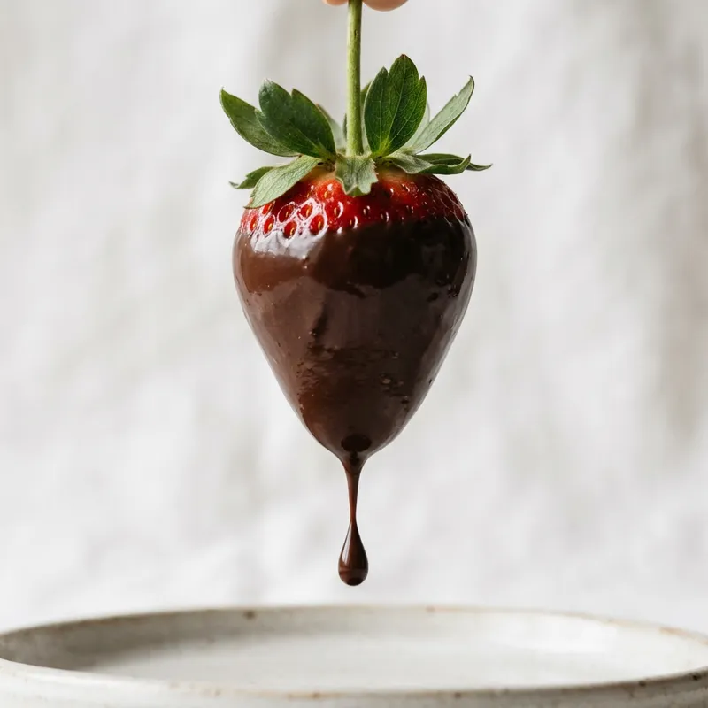 Minimalist Chocolate-Covered Strawberry with Dripping Droplet Minimalist Chocolate-Covered Strawberry with Dripping Droplet