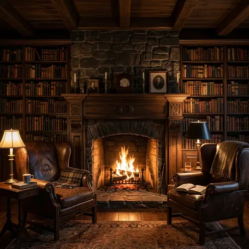 Cozy Fireplace Setting with Leather Armchairs and Bookshelf