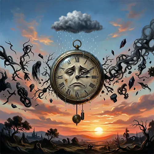 Surrealist Clock Scene: 3:10 Time with Melancholic Atmosphere