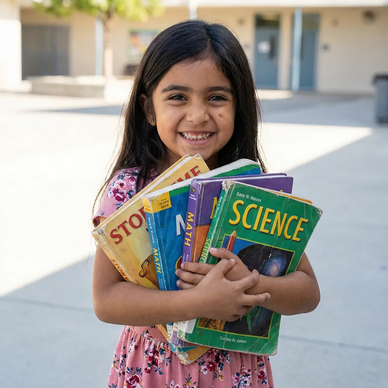 Cute Little Girl in Pink Dress with School Books | Joyful Moments Cute Little Girl in Pink Dress with School Books | Joyful Moments