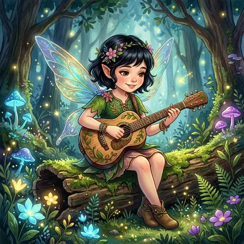 Petite Fairy Girl Strumming Guitar Illustration