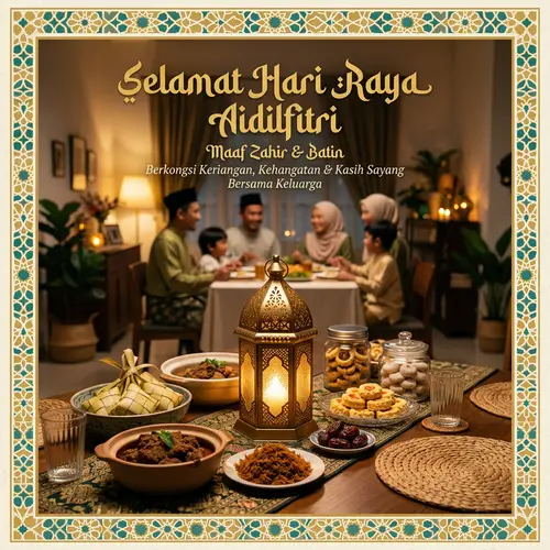 Warm Hari Raya Greeting Poster with Glowing Lantern & Family Silhouette