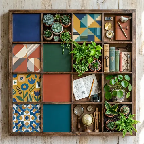 Vibrant Grid of Geometric Patterns and Greenery