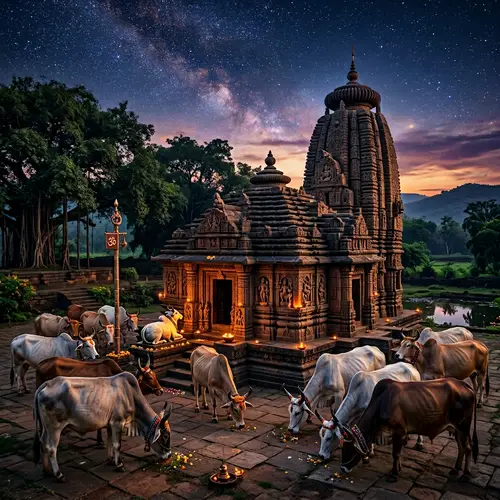 Ancient Temple of Shiva with Cows - Tranquil Landscape