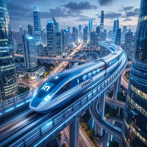 Futuristic LinkedIn Train in Modern Cityscape