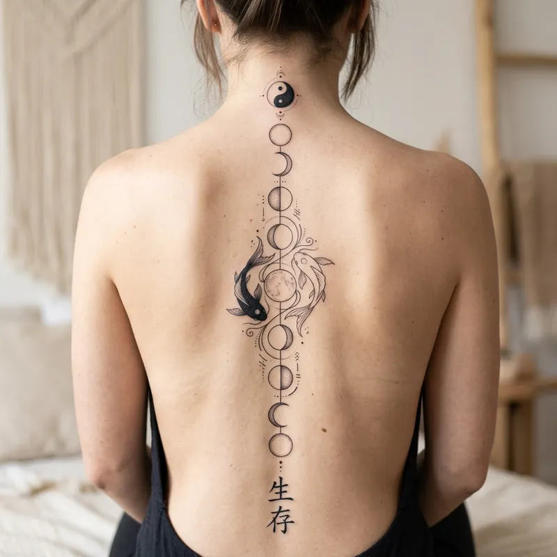 Minimalistic Moon Phases Spine Tattoo Design with Yin Yang and Fish