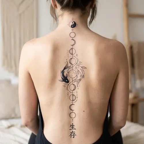 Minimalistic Moon Phases Spine Tattoo Design