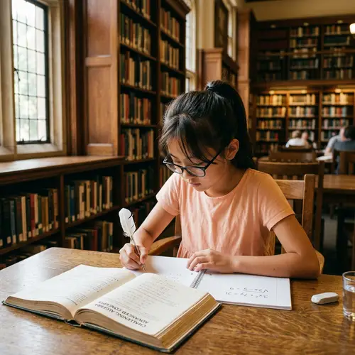 Intelligent Asian Girl Studying Algebra in Library