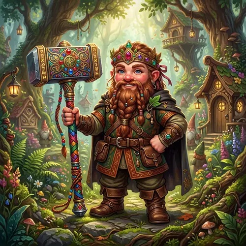 Bearded Gnome Girl with Diadem and Colorful Hammer