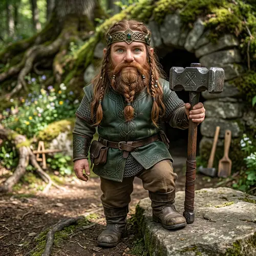 Bearded Gnome Girl with Diadem and Hammer - Symbol of Strength