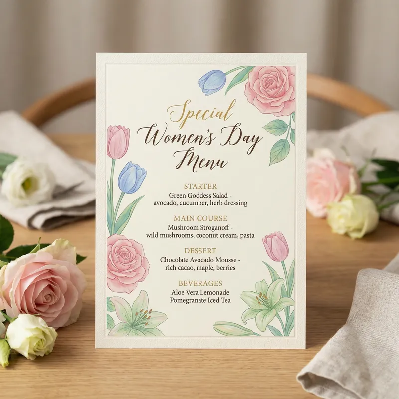 Women's Day Menu: Feminine Plant-Based Selections & Beverages Women's Day Menu: Feminine Plant-Based Selections & Beverages