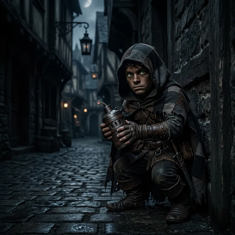 Halfling Thief Clutching Smoke Bomb in Night