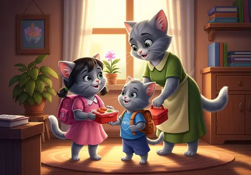 Cute Cartoon Cats Getting Ready for School