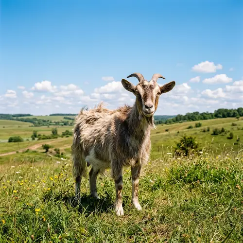 Curious Goat on Grassy Plain | Nature Photography