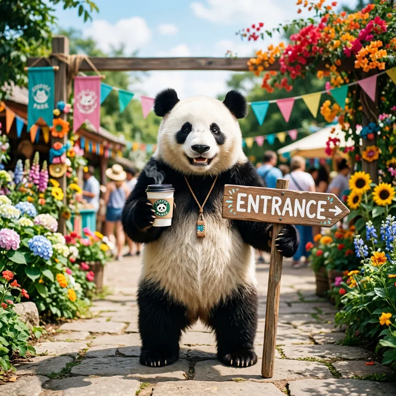 Cheerful Panda Holding Coffee Sign Cheerful Panda Holding Coffee Sign