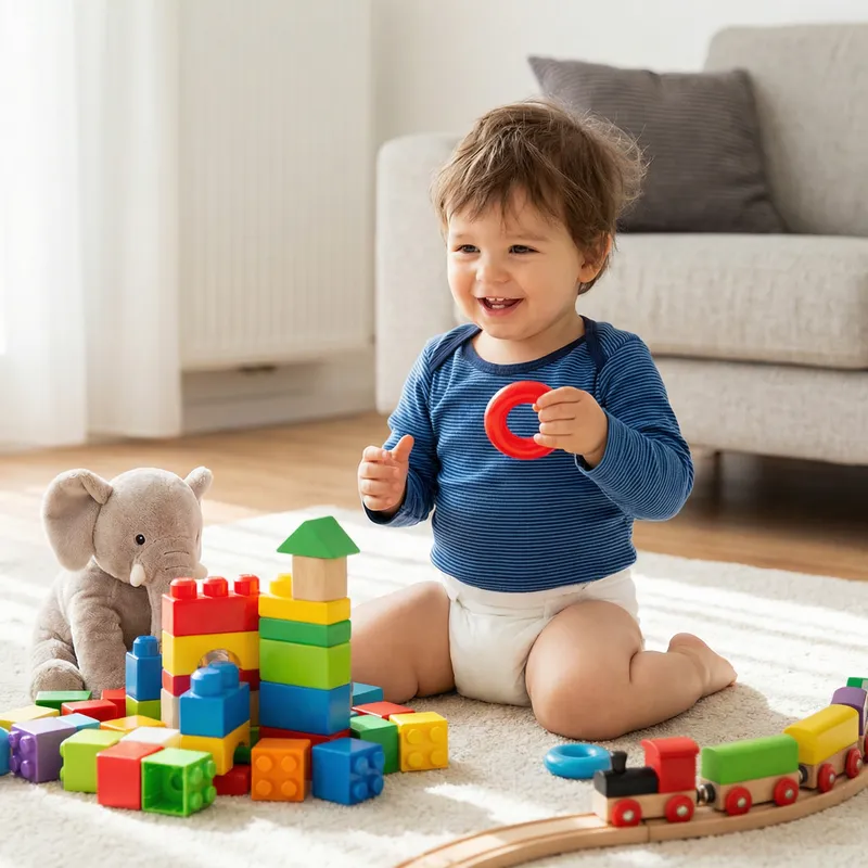 Adorable Toddler in Soft & Flexible Diapers with Colorful Toys