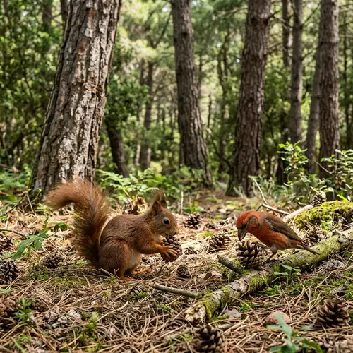 Mediterranean Forest with Squirrel & Crossbill Feasting