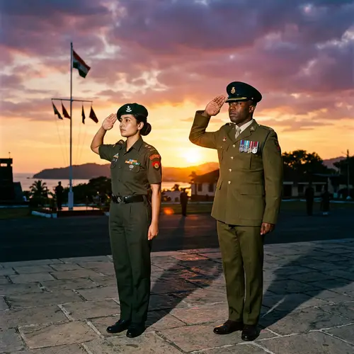 Diverse Officers Saluting at Sunsetting Sky